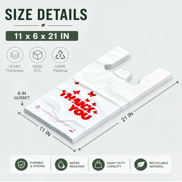 Alt view image 3 of 7 - 1000 Count White Thank You T-Shirt Bags, 11 x 6 x 21 in Durable HDPE with handles, Thank You print, reusable & disposable for grocery, retail, takeout and small business