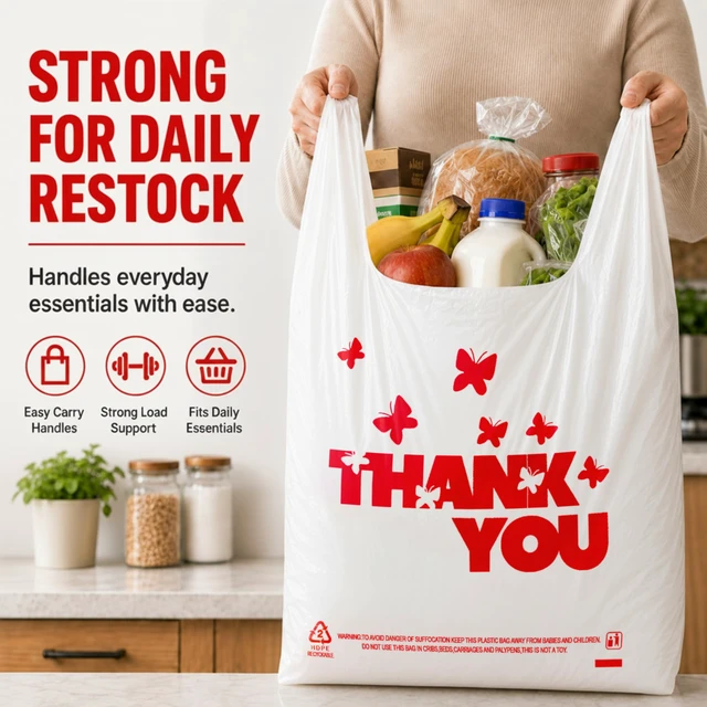 Alt view image 4 of 7 - 1000 Count White Thank You T-Shirt Bags, 11 x 6 x 21 in Durable HDPE with handles, Thank You print, reusable & disposable for grocery, retail, takeout and small business
