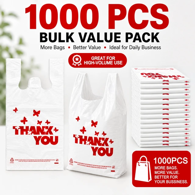 Alt view image 5 of 7 - 1000 Count White Thank You T-Shirt Bags, 11 x 6 x 21 in Durable HDPE with handles, Thank You print, reusable & disposable for grocery, retail, takeout and small business