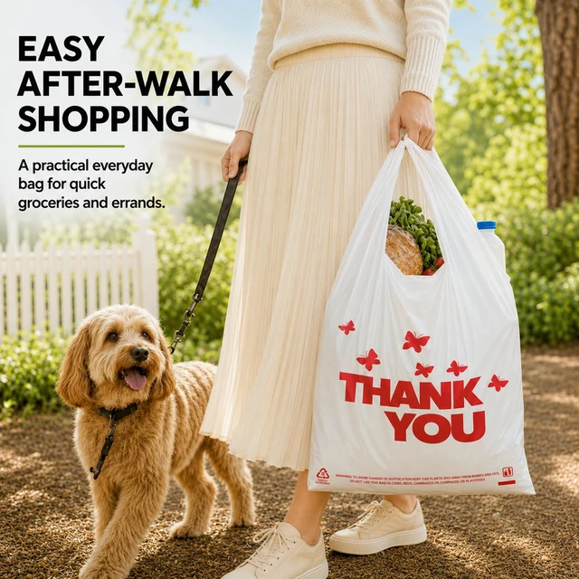 Alt view image 6 of 7 - 1000 Count White Thank You T-Shirt Bags, 11 x 6 x 21 in Durable HDPE with handles, Thank You print, reusable & disposable for grocery, retail, takeout and small business