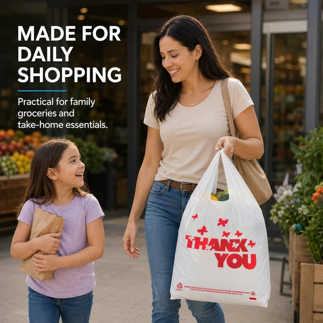 Alt view image 7 of 7 - 1000 Count White Thank You T-Shirt Bags, 11 x 6 x 21 in Durable HDPE with handles, Thank You print, reusable & disposable for grocery, retail, takeout and small business
