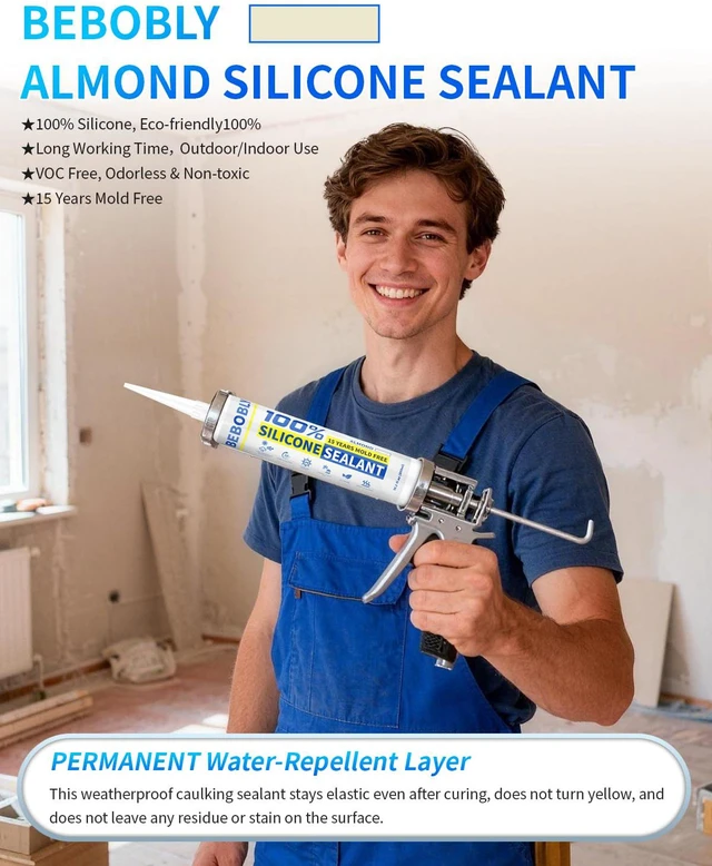 Alt view image 2 of 7 - Silicone Caulk & Sealant Almond, 100% Waterproof Silicone Sealant, Shrink & Crack Proof, Silicone Caulking for Kitchen, Bathroom, RV, Interior & Exterior Use, 10.2 FL. OZ/300ML, 1 Pack