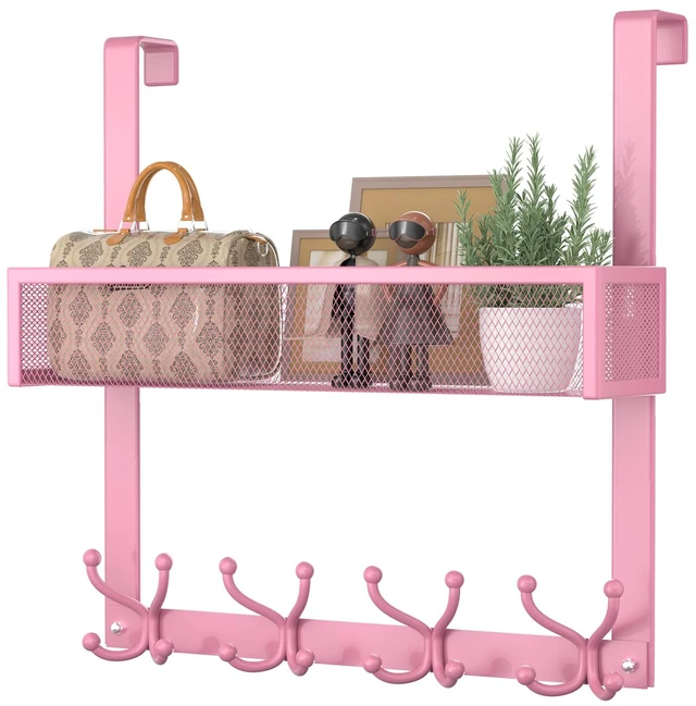 Main image of Over The Door Hooks Organizer - 2 Tier Over Door Hanger with 16 Hooks & 2 Baskets for Hanging Coat, Clothing, Towel, Back Storage for Bathroom, Closet, College Dorm, Pink