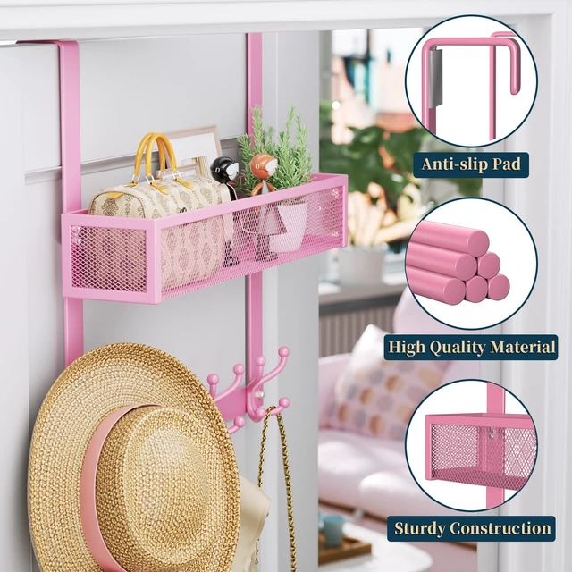 Alt view image 3 of 7 - Over The Door Hooks Organizer - 2 Tier Over Door Hanger with 16 Hooks & 2 Baskets for Hanging Coat, Clothing, Towel, Back Storage for Bathroom, Closet, College Dorm, Pink