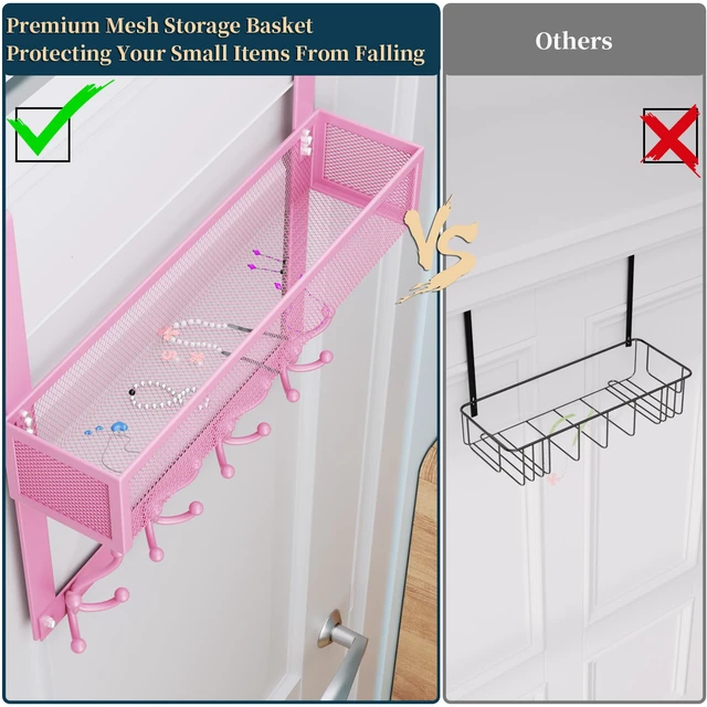 Alt view image 4 of 7 - Over The Door Hooks Organizer - 2 Tier Over Door Hanger with 16 Hooks & 2 Baskets for Hanging Coat, Clothing, Towel, Back Storage for Bathroom, Closet, College Dorm, Pink