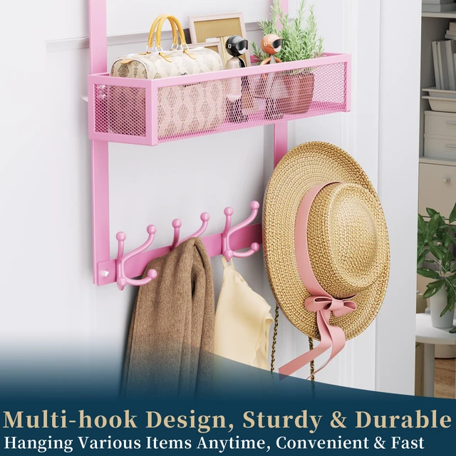 Alt view image 5 of 7 - Over The Door Hooks Organizer - 2 Tier Over Door Hanger with 16 Hooks & 2 Baskets for Hanging Coat, Clothing, Towel, Back Storage for Bathroom, Closet, College Dorm, Pink