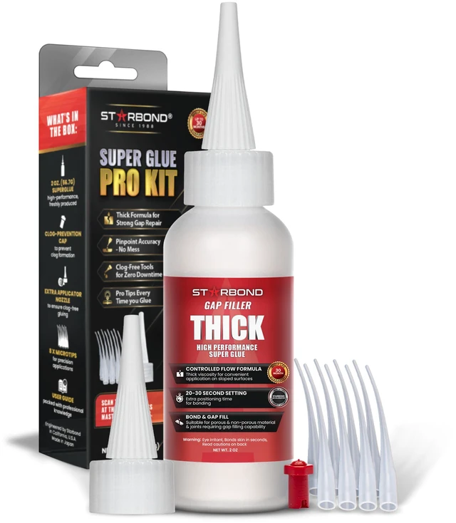 Main image of Thick Super Glue Pro Kit (2 oz) Gap-Filling CA Glue (Cyanoacrylate Adhesive) with Clog-Resistant Cap, Microtips & Extra Nozzle for Woodworking, Crafts, Carpentry, Archery Fletching