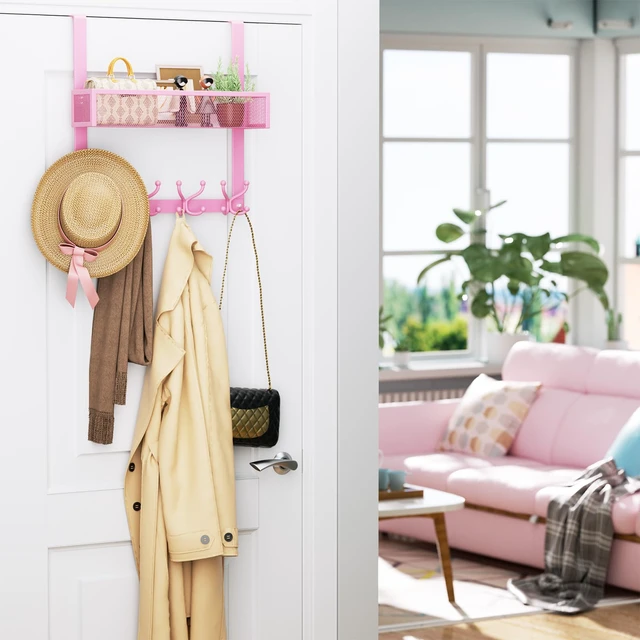 Alt view image 2 of 7 - Over The Door Hooks Organizer - 2 Tier Over Door Hanger with 16 Hooks & 2 Baskets for Hanging Coat, Clothing, Towel, Back Storage for Bathroom, Closet, College Dorm, Pink