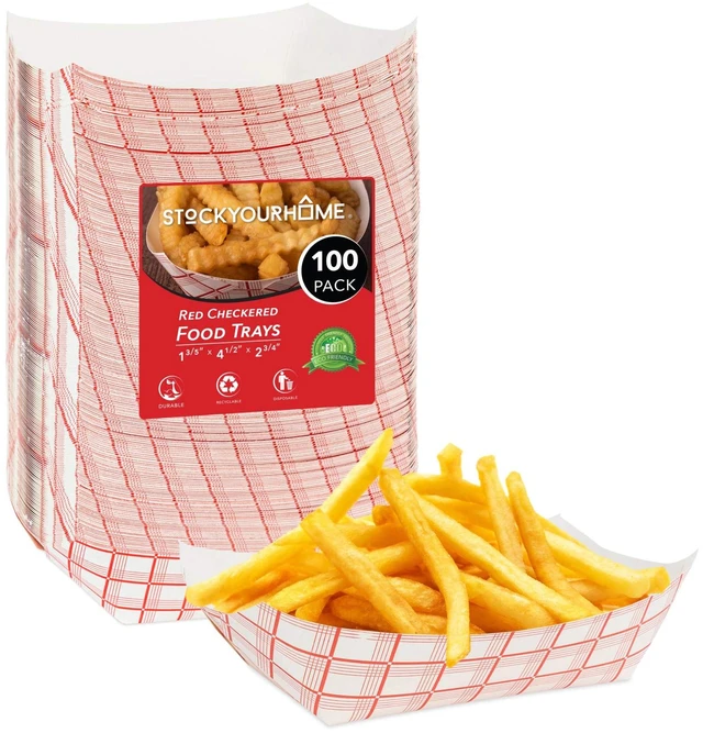 Main image of Medium Paper Food Boats (100 Pack) 2 lb Disposable Red & White Checkered Trays, Eco-Friendly Serving Boats for Concessions, Nachos & Condiments (4.5" x 2.75")