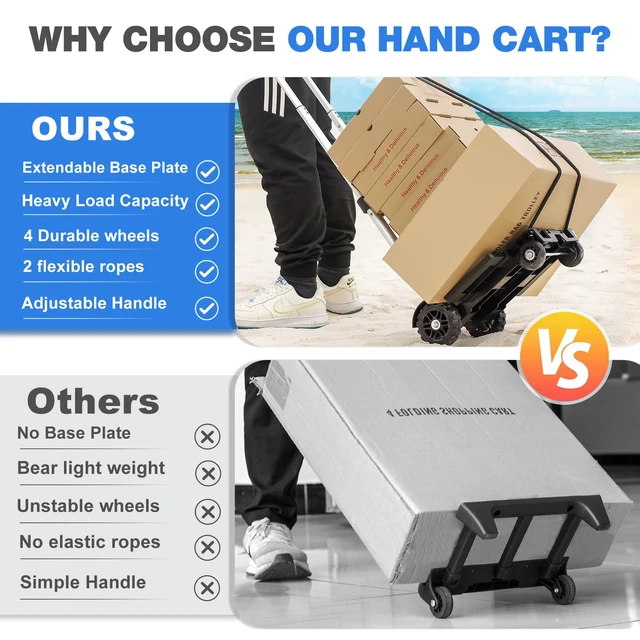 Alt view image 3 of 6 - Folding Hand Truck Lightweight Trolley,4 Wheels Small Utility Dolly Cart 2 Elastic Ropes,portable backpack trolley,luggage cart,Dolly,Grocery cart,Travel,Moving,Shopping.Aluminum Pole,black