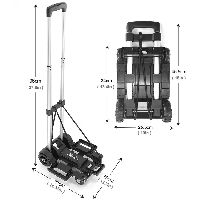Alt view image 2 of 6 - Folding Hand Truck Lightweight Trolley,4 Wheels Small Utility Dolly Cart 2 Elastic Ropes,portable backpack trolley,luggage cart,Dolly,Grocery cart,Travel,Moving,Shopping.Aluminum Pole,black