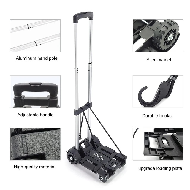 Alt view image 6 of 6 - Folding Hand Truck Lightweight Trolley,4 Wheels Small Utility Dolly Cart 2 Elastic Ropes,portable backpack trolley,luggage cart,Dolly,Grocery cart,Travel,Moving,Shopping.Aluminum Pole,black