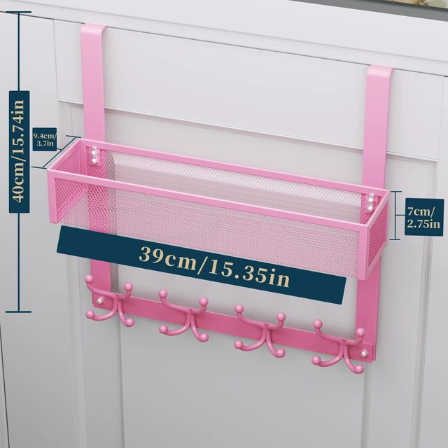 Alt view image 7 of 7 - Over The Door Hooks Organizer - 2 Tier Over Door Hanger with 16 Hooks & 2 Baskets for Hanging Coat, Clothing, Towel, Back Storage for Bathroom, Closet, College Dorm, Pink