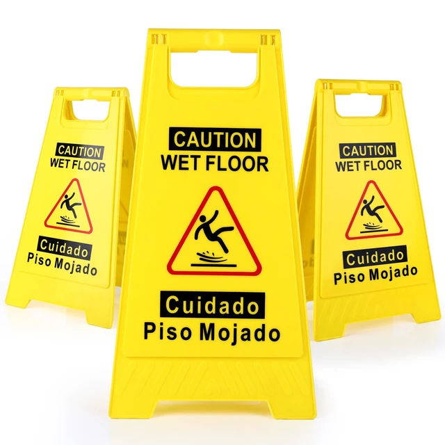 Main image of 3-Pack Caution Wet Floor Sign,17.5" Height,Bright Yellow Double-Sided Folding A-Shaped Frame Design, Bilingual Caution Message