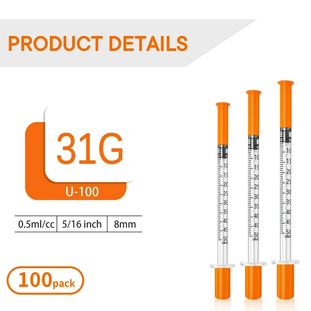 Alt view image 3 of 4 - jeringas con agujas para inyectar, 0.5mL 31G 5/16" (8mm) jeringas de insulina, Individually Wrapped, 100 Pack