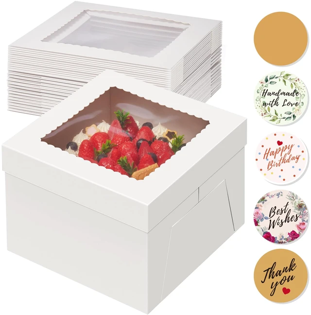 Main image of 15 Pack Cake Boxes 12 inch, 12x12x8 Tall Cake Box with Clear Window 12 Inch Cake Box with Stickers, Thick Cardboard, Large Transport Container, White Cake Holder, for Birthday Wedding Party
