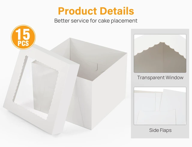 Alt view image 3 of 7 - 15 Pack Cake Boxes 12 inch, 12x12x8 Tall Cake Box with Clear Window 12 Inch Cake Box with Stickers, Thick Cardboard, Large Transport Container, White Cake Holder, for Birthday Wedding Party