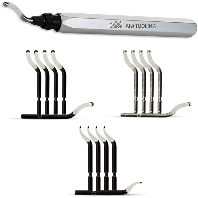 Main image of Deburring Tool, 16 Blades, Silver CNC Anodized Aluminum Handle Built for 3D printing, metal, PVC, copper and plastic; three M2/M35 HSS types give 360-degree rotation on alloys and holes