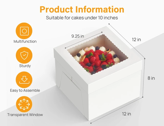 Alt view image 2 of 7 - 15 Pack Cake Boxes 12 inch, 12x12x8 Tall Cake Box with Clear Window 12 Inch Cake Box with Stickers, Thick Cardboard, Large Transport Container, White Cake Holder, for Birthday Wedding Party