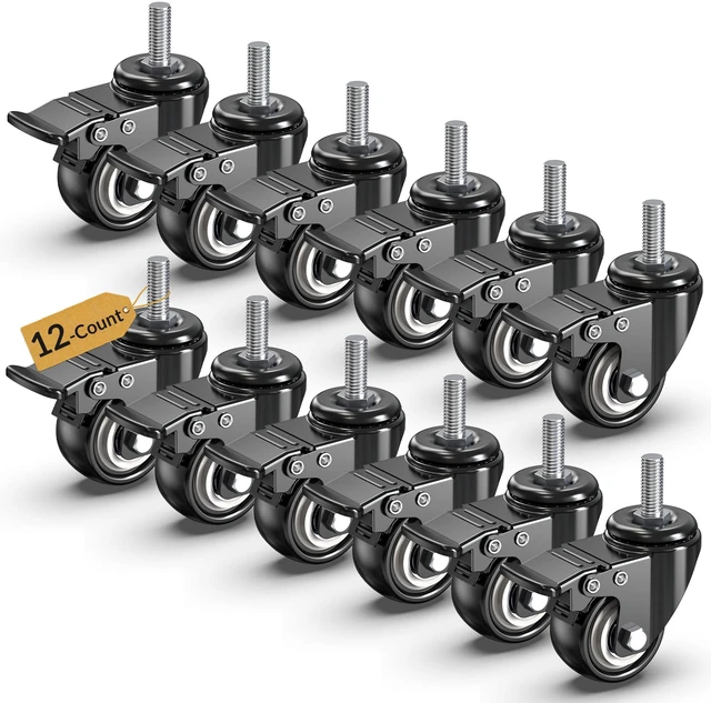 Main image of Caster Wheels with No Brake Casters Set of 4, Threaded Stem 3/8" -16 x 1 (Diameter 3/8", Length 1") Swivel Set of 4 Heavy Duty Castors Black (with Brake-12 Pack, 2inch)