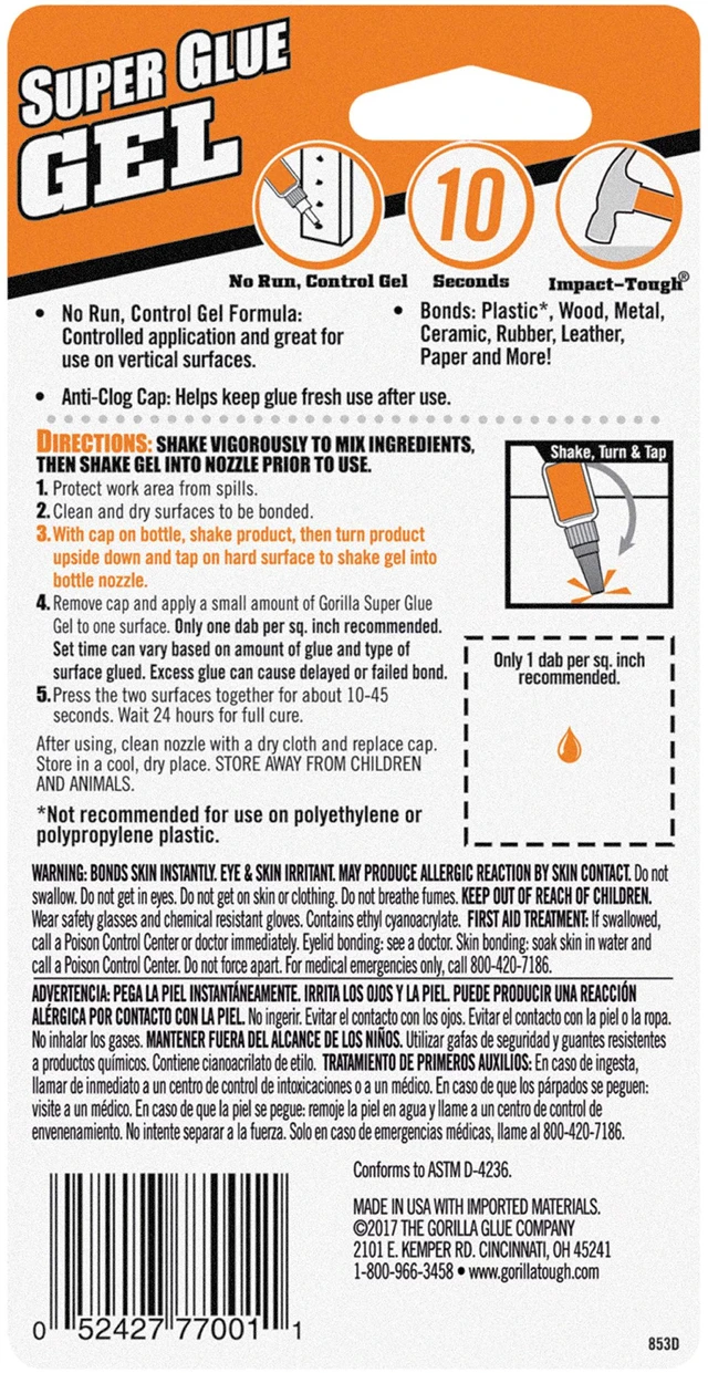 Alt view image 2 of 7 - Super Glue Gel, Clear, 20 g, 2-Pack, All Purpose, Fast Setting Dries in 10-45 Seconds, Thick No-Run Formula for Vertical Surfaces, Ideal for Projects and Repairs