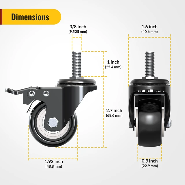 Alt view image 2 of 7 - Caster Wheels with No Brake Casters Set of 4, Threaded Stem 3/8" -16 x 1 (Diameter 3/8", Length 1") Swivel Set of 4 Heavy Duty Castors Black (with Brake-12 Pack, 2inch)