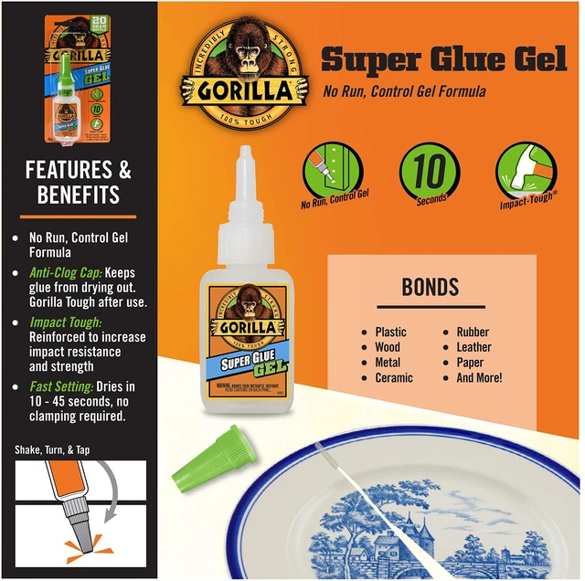 Alt view image 3 of 7 - Super Glue Gel, Clear, 20 g, 2-Pack, All Purpose, Fast Setting Dries in 10-45 Seconds, Thick No-Run Formula for Vertical Surfaces, Ideal for Projects and Repairs