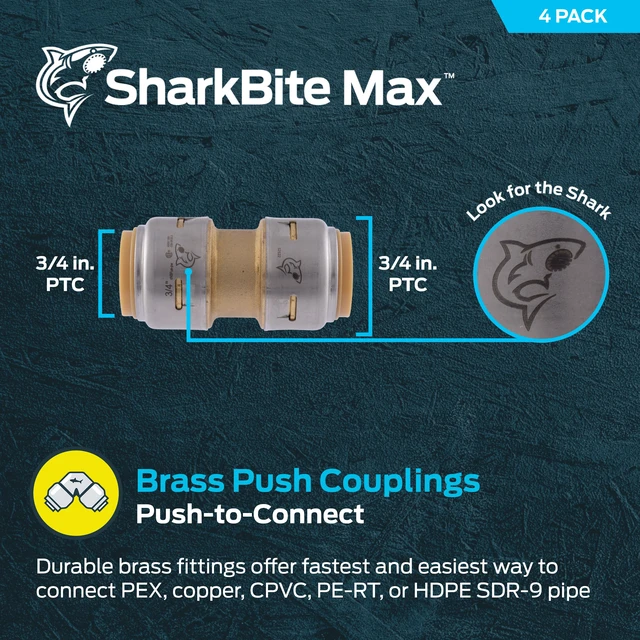 Alt view image 2 of 6 - Max 3/4 Inch Coupling, Pack of 4, Push to Connect Brass Plumbing Fitting, PEX Pipe, Copper, CPVC, PE-RT, HDPE, UR016A8