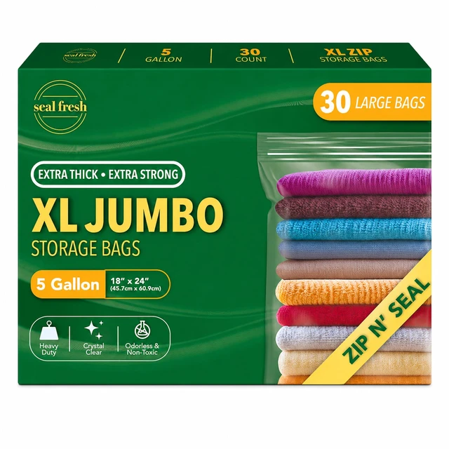 Main image of 5 Gallon Large Plastic Storage Bags 18" x 24" (30 Count) Reusable XXL Extra Large Clear Jumbo Zip Bags with Sealable Zipper Top For Clothes, Travel, Moving