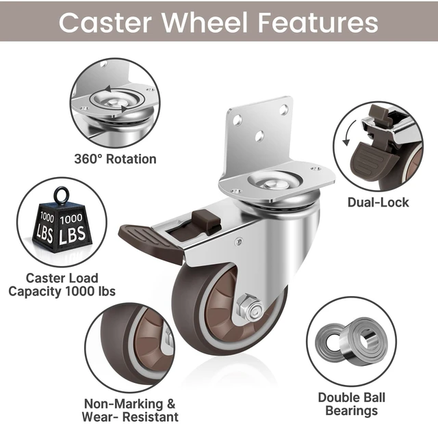 Alt view image 4 of 7 - 3 Inch Side Mount Casters Wheels, L-Shaped Rubber Caster Set of 4, Ball Bearing 360 Degree Plate Swivel Castors Wheel 1000 LBS, Casters Wheels for Furniture, Baby Bed, Kitchen, Cabinet, Table