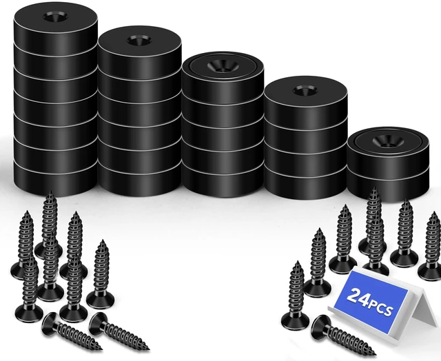 Main image of Strong Magnets Heavy Duty Screw On Neodymium 30LBS Magnet 24 Pack Rare Earth With Screw Hole Door Catch Adhesive Magnetic Locker Cabinet Round Wall Cruise Cabins Disc Mounting Fridge Black