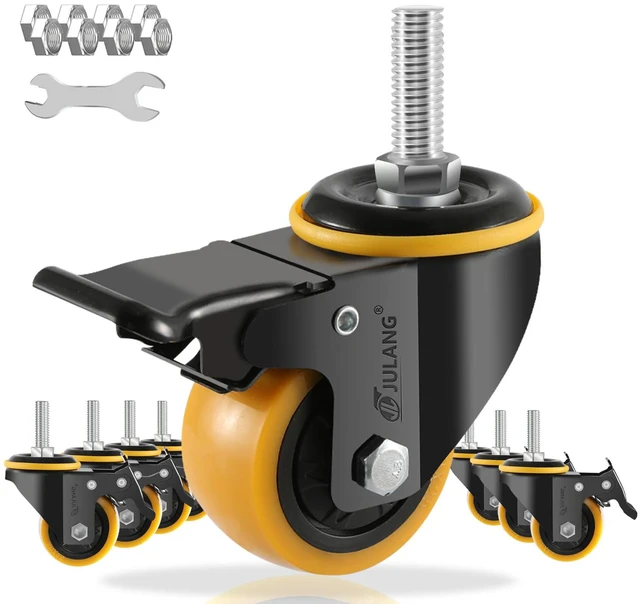 Main image of 2 inch Caster Wheels 3/8 Threaded Stem Casters Set of 8 Heavy Duty Orange, 1160 Lbs, 3/8"-16x1", Smooth & Quiet-Rolling, Castor Wheels for Cart, Tool Box, Workbenche, Furniture, Wire Shelving