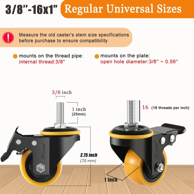 Alt view image 2 of 6 - 2 inch Caster Wheels 3/8 Threaded Stem Casters Set of 8 Heavy Duty Orange, 1160 Lbs, 3/8"-16x1", Smooth & Quiet-Rolling, Castor Wheels for Cart, Tool Box, Workbenche, Furniture, Wire Shelving
