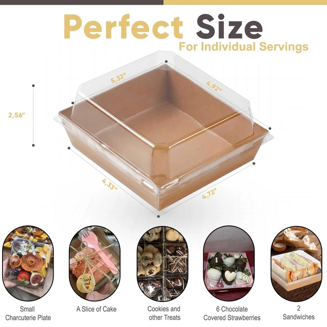 Alt view image 2 of 6 - 50 Pack 5in Small Charcuterie Boxes with Clear Lids, Mini Paper Containers Disposable Grease-Proof Dessert Packaging, Food Containers For Charcuterie, Bakery, Cookies, Pastry, Cake Slice, Strawberries