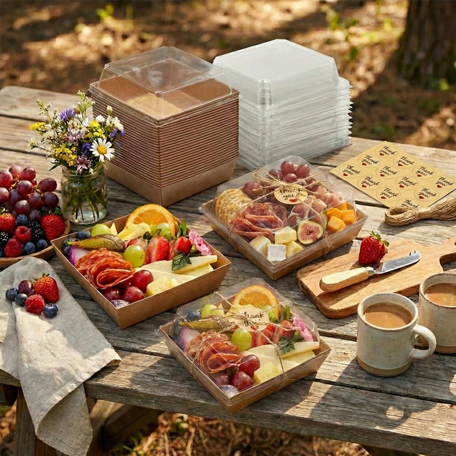 Alt view image 5 of 6 - 50 Pack 5in Small Charcuterie Boxes with Clear Lids, Mini Paper Containers Disposable Grease-Proof Dessert Packaging, Food Containers For Charcuterie, Bakery, Cookies, Pastry, Cake Slice, Strawberries