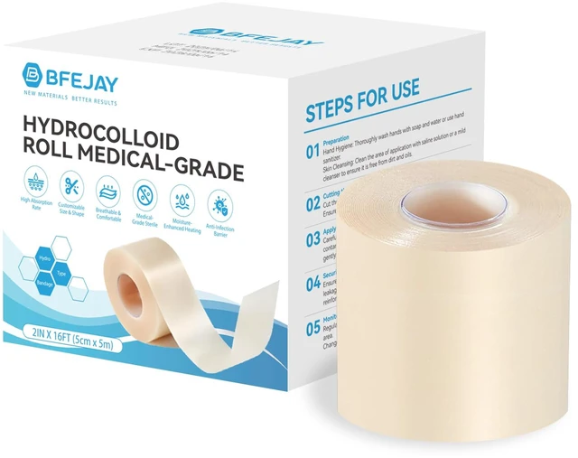 Main image of Hydrocolloid Bandages for Wound Care, Medical-Grade Hydrocolloid Roll with Self-Adhesive, Ultra Absorbent, Flexible & Waterproof, Cut-to-Size First Aid Kit Essential (2in*16ft)