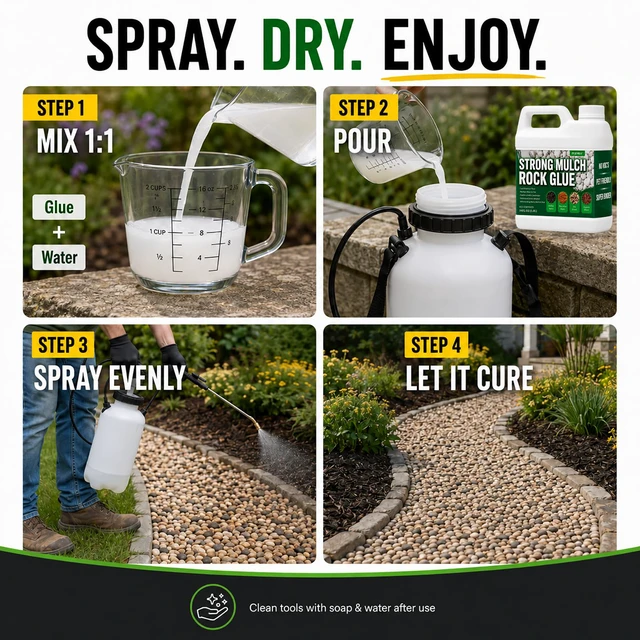 Alt view image 6 of 7 - Oyevila Mulch Glue for Landscaping, 34 oz Concentrated Rock Glue, Pet Safe Water-Based Binder Spray Dries Clear and Helps Hold Mulch, Pea Gravel, Pebbles and Bark While Allowing Water to Pass Through