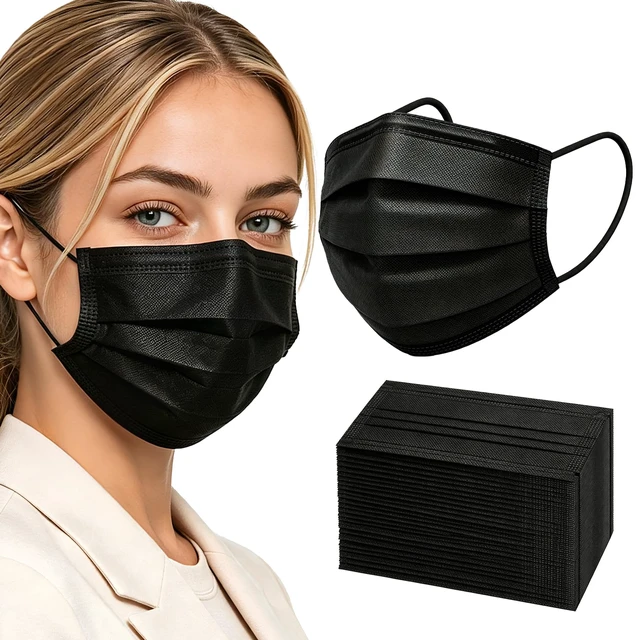 Main image of 200pcs Disposable Face Masks, Black Mask, 3 Ply Disposable Masks Breathable Mask with Elastic Ear Loops for Adults, Great for Outdoors, Home, Office, School
