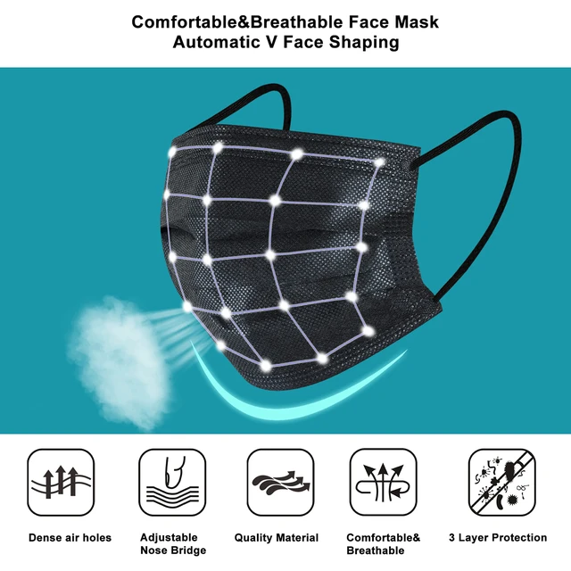 Alt view image 3 of 7 - 200pcs Disposable Face Masks, Black Mask, 3 Ply Disposable Masks Breathable Mask with Elastic Ear Loops for Adults, Great for Outdoors, Home, Office, School