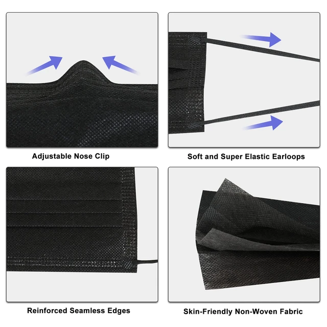 Alt view image 4 of 7 - 200pcs Disposable Face Masks, Black Mask, 3 Ply Disposable Masks Breathable Mask with Elastic Ear Loops for Adults, Great for Outdoors, Home, Office, School