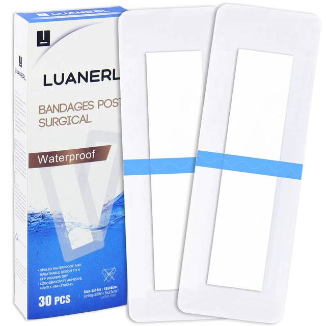 Main image of 30 Pack 4"x12" Waterproof Adhesive Island Dressing for Post-Surgery Recovery | Sterile Bordered Gauze Bandages with Non-Stick Pad for Knee/Hip Replacement, Surgical Incision Care & Shower Protection