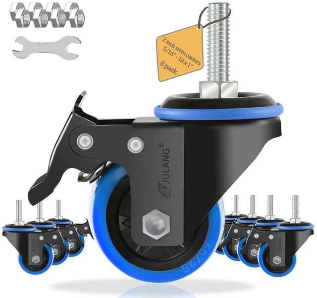Main image of 2 inch Stem Caster Wheels, 5/16" Threaded Stem Casters Set of 8 Blue, 1160 Lbs, 5/16"-18x1", Smooth & Quiet-Rolling, Castor Wheels for Cart, Tool Box, Workbenche, Furniture, Wire Shelving