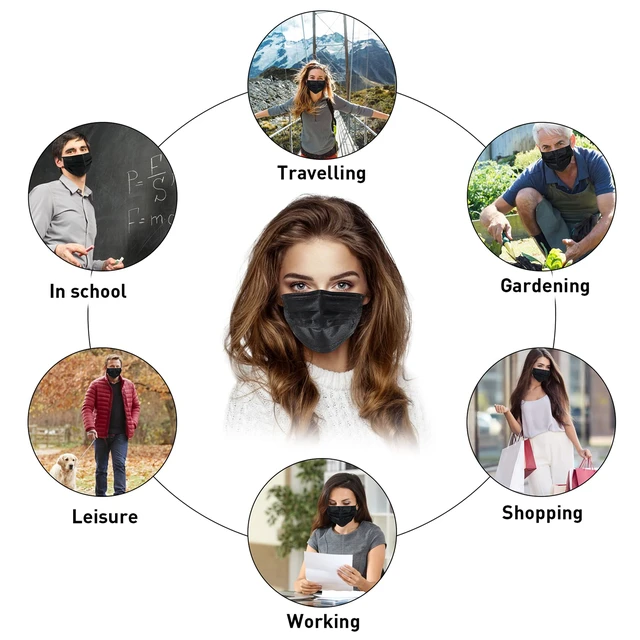 Alt view image 7 of 7 - 200pcs Disposable Face Masks, Black Mask, 3 Ply Disposable Masks Breathable Mask with Elastic Ear Loops for Adults, Great for Outdoors, Home, Office, School