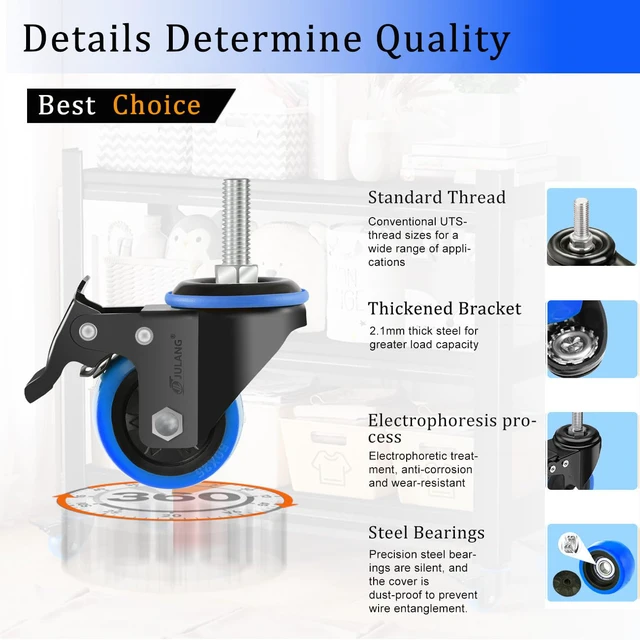Alt view image 5 of 6 - 2 inch Stem Caster Wheels, 3/8" Threaded Stem Casters Set of 8 1160 Lbs, 3/8"-16x1", Smooth & Quiet-Rolling, Castor Wheels for Cart, Tool Box, Workbenche, Furniture, Wire Shelving