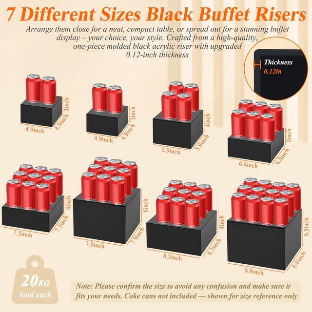 Alt view image 2 of 7 - 8Pcs Black Acrylic Buffet Risers with Mini Sign and Marker, Food Display Risers for Party Catering Dessert Jewelry, Acrylic Cube Nesting Boxes with Hollow Bottoms(9" 8.5" 8" 7.5" 6.8" 6" 5" 5")