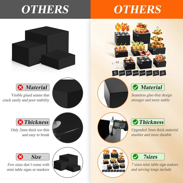 Alt view image 3 of 7 - 8Pcs Black Acrylic Buffet Risers with Mini Sign and Marker, Food Display Risers for Party Catering Dessert Jewelry, Acrylic Cube Nesting Boxes with Hollow Bottoms(9" 8.5" 8" 7.5" 6.8" 6" 5" 5")