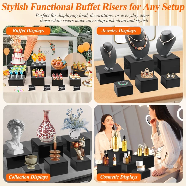 Alt view image 4 of 7 - 8Pcs Black Acrylic Buffet Risers with Mini Sign and Marker, Food Display Risers for Party Catering Dessert Jewelry, Acrylic Cube Nesting Boxes with Hollow Bottoms(9" 8.5" 8" 7.5" 6.8" 6" 5" 5")