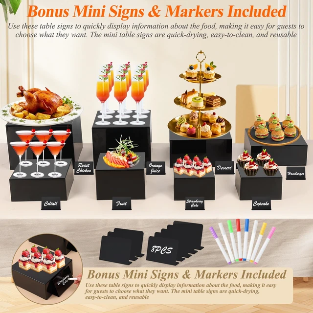 Alt view image 6 of 7 - 8Pcs Black Acrylic Buffet Risers with Mini Sign and Marker, Food Display Risers for Party Catering Dessert Jewelry, Acrylic Cube Nesting Boxes with Hollow Bottoms(9" 8.5" 8" 7.5" 6.8" 6" 5" 5")