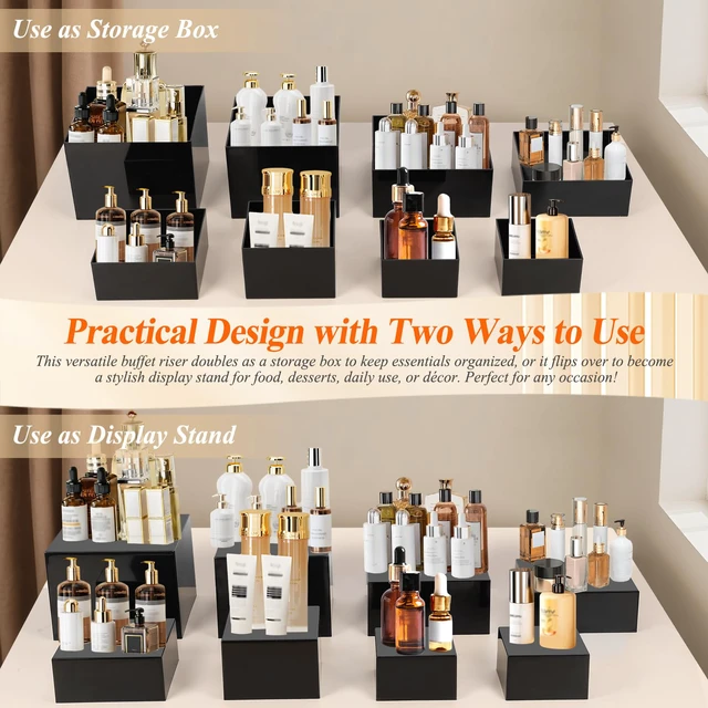 Alt view image 7 of 7 - 8Pcs Black Acrylic Buffet Risers with Mini Sign and Marker, Food Display Risers for Party Catering Dessert Jewelry, Acrylic Cube Nesting Boxes with Hollow Bottoms(9" 8.5" 8" 7.5" 6.8" 6" 5" 5")