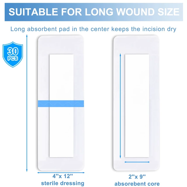 Alt view image 5 of 7 - 30 Pack 4"x12" Waterproof Adhesive Island Dressing for Post-Surgery Recovery | Sterile Bordered Gauze Bandages with Non-Stick Pad for Knee/Hip Replacement, Surgical Incision Care & Shower Protection